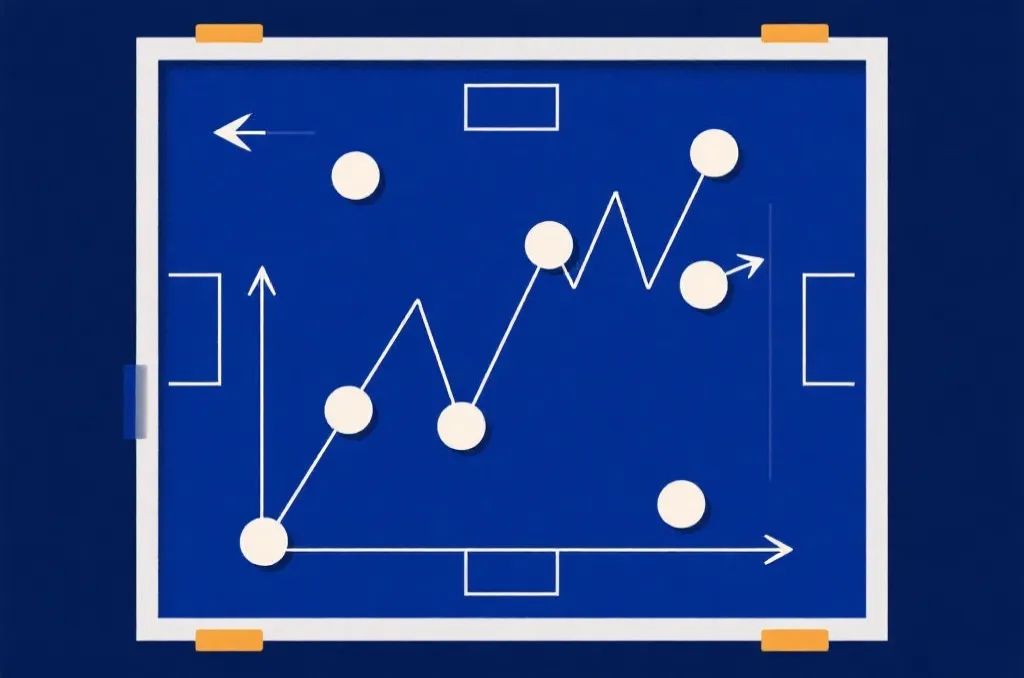 An abstract vector illustration of a soccer tactics board with arrows, circular markers, and a clean line graph showing fluctuating trends, minimalist design, dark blue background